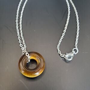 Tigers Eye Disk Pendant Silver Chain Necklace Handmade Donut Shape